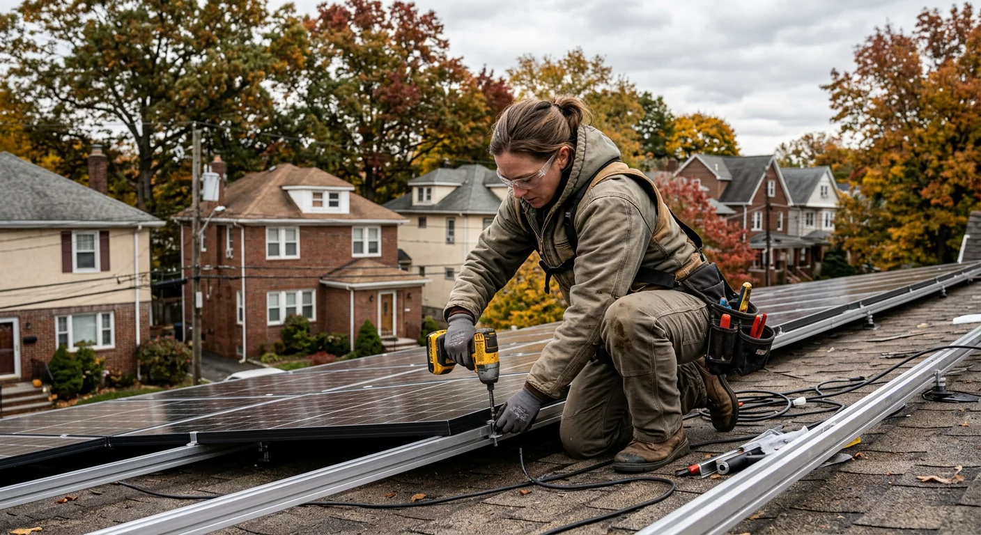 Crew mounting solar panels on flat commercial rooftop in Clifton
