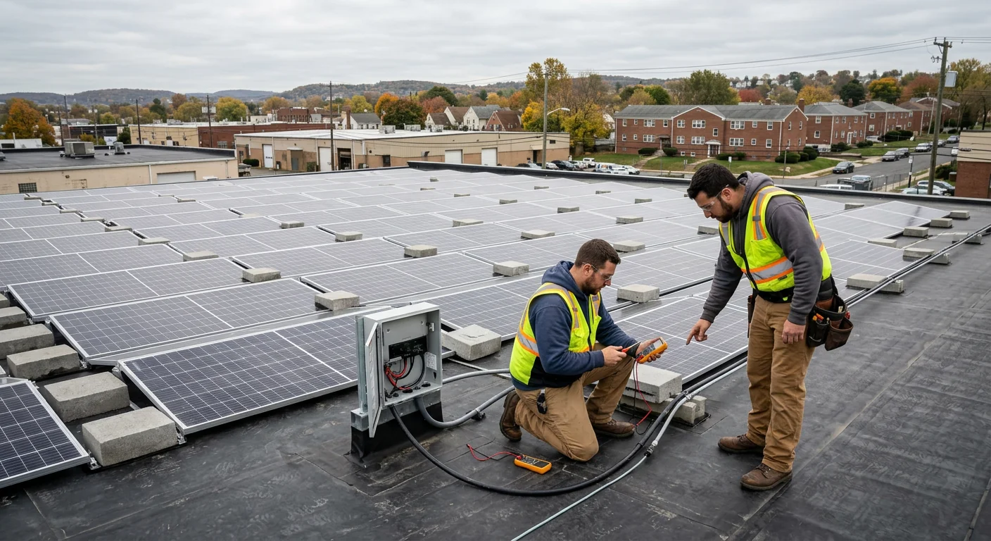 Wide rooftop view of a ballasted solar array on a Clifton warehouse