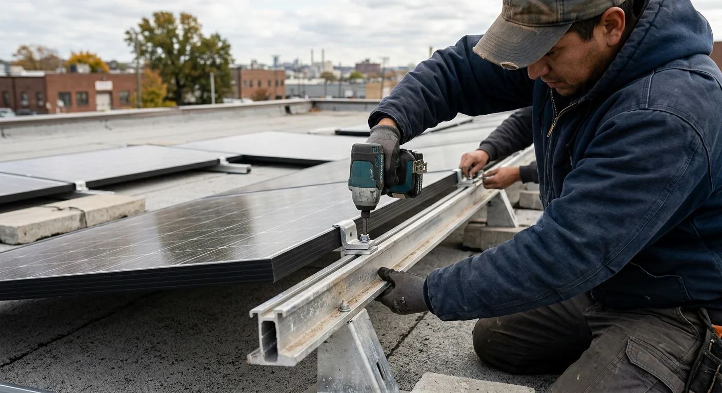 Close-up of racking clamps securing panels on a flat commercial roof