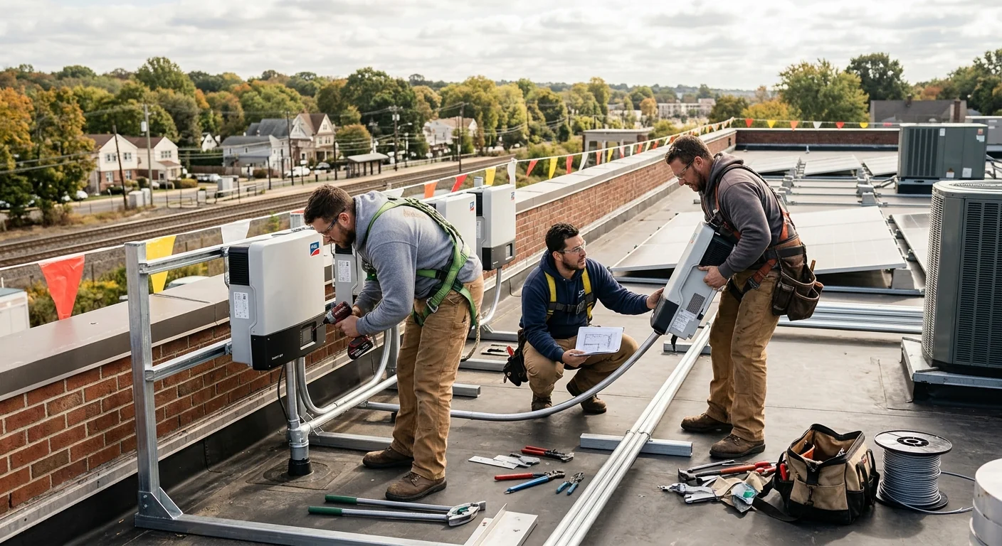Crew running conduit and setting inverters on a Clifton office building