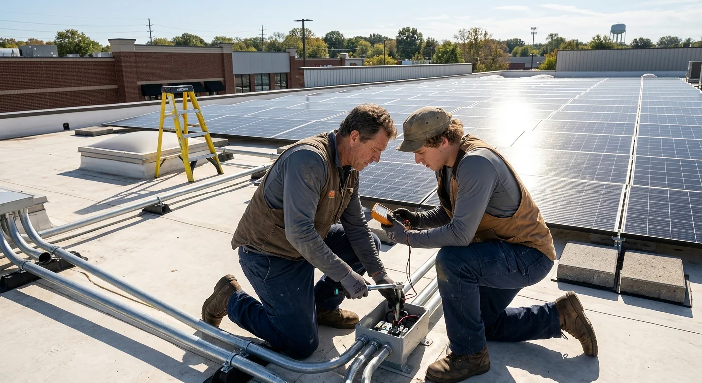 Completed commercial solar array reflecting midday sun over a retail rooftop