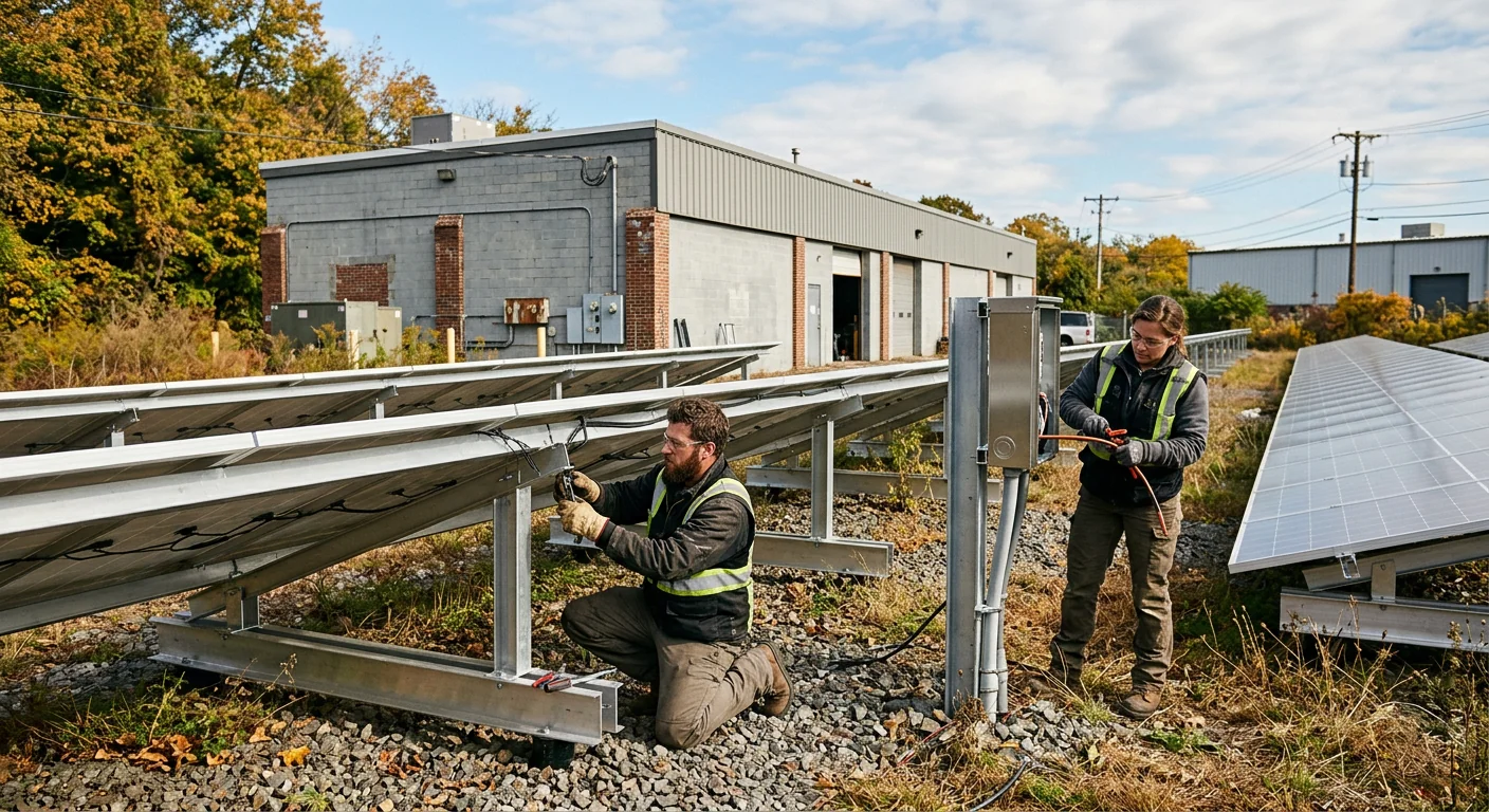 Ground-mount solar rows installed beside a light industrial building