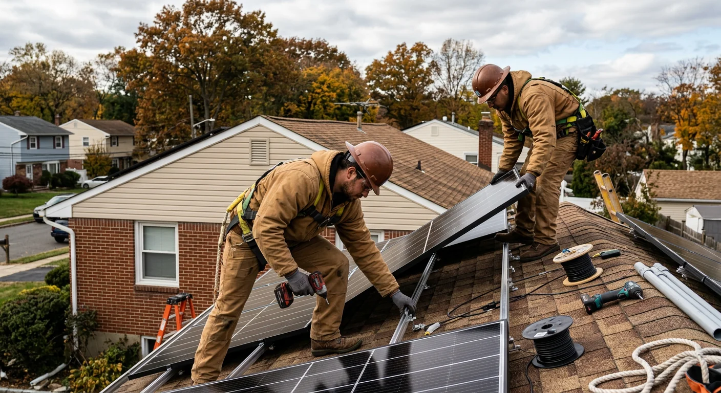 Crew installing rooftop commercial solar array on a low-slope Clifton warehouse building
