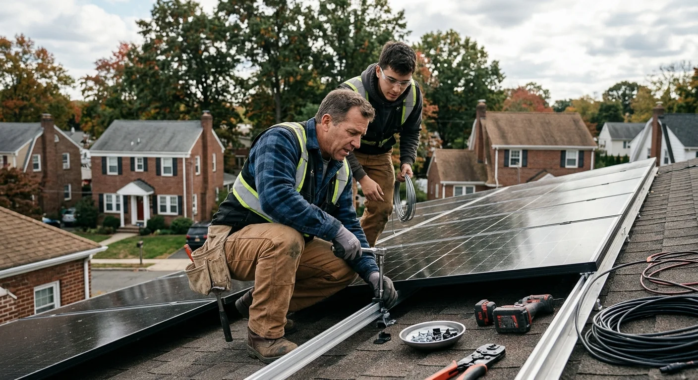 Solar technician wiring an off-grid battery bank at a Clifton home