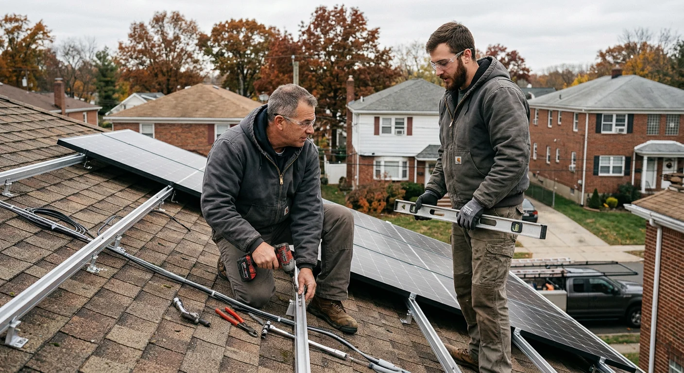 Solar installer reviewing rooftop panel layout and cost sheet on a Clifton home