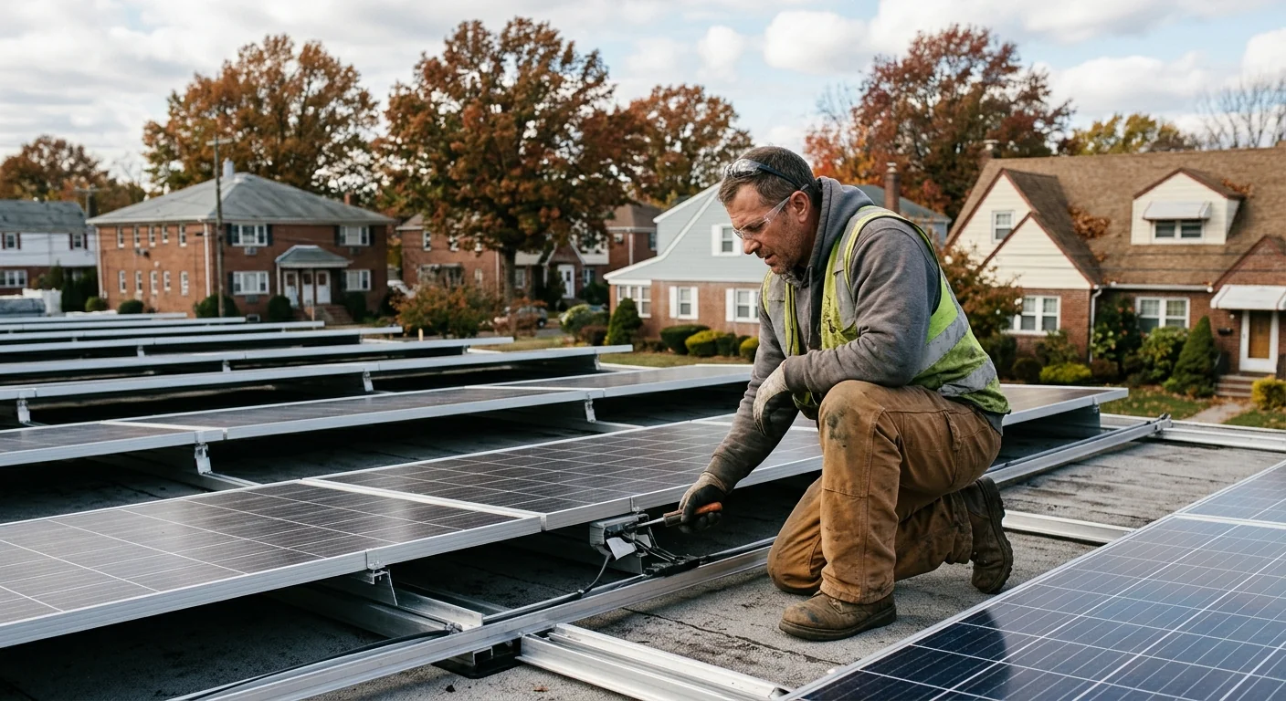 Solar installer securing rooftop panels on a Clifton home