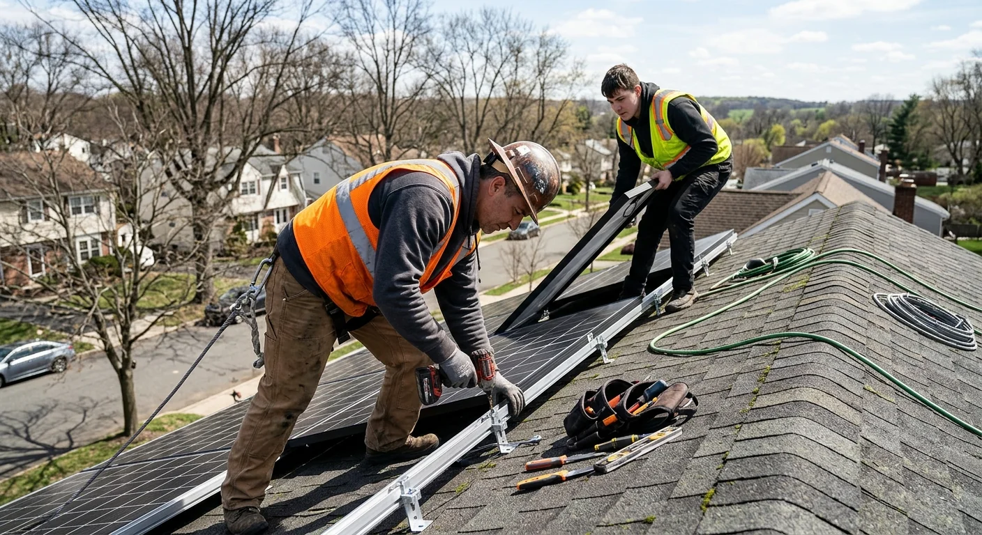 Solar crew mounting rooftop panels on a Clifton home during installation