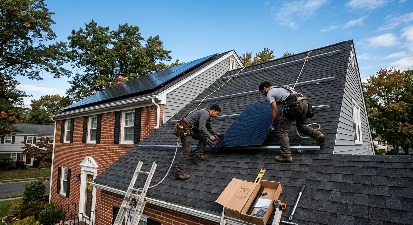 Solar panels mounted on a steep colonial roof in Clifton under clear sky