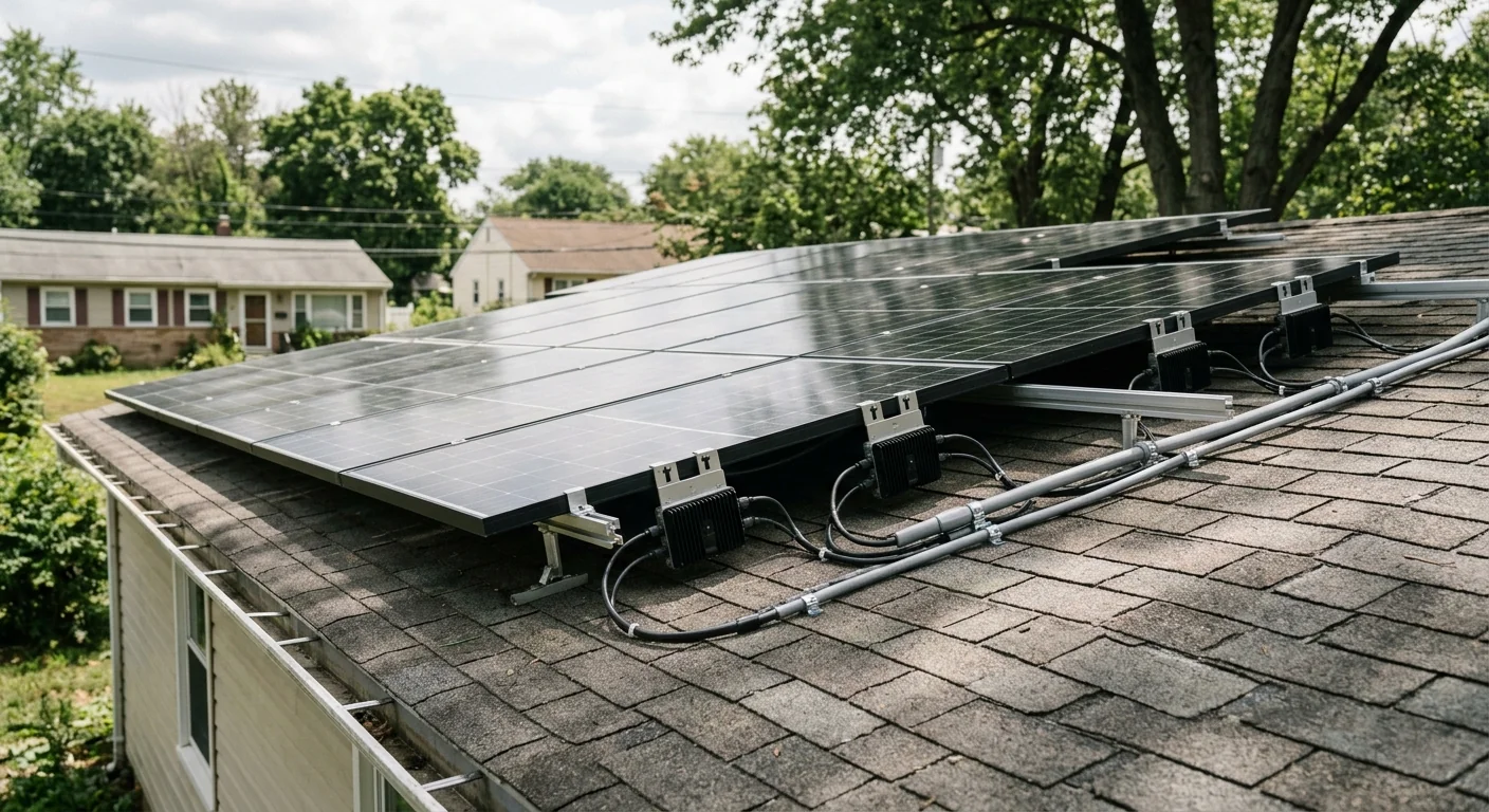 Microinverter solar array on a low ranch roof surrounded by trees