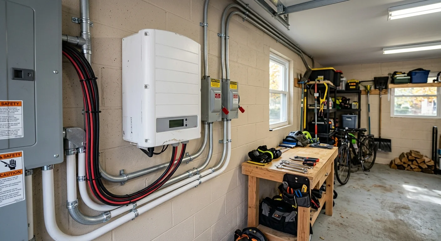 Solar inverter and battery-ready wiring mounted on a residential garage wall