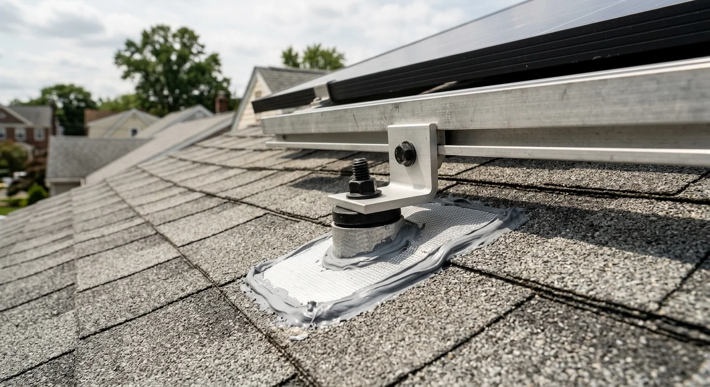 Close-up of sealed flashing and lag mounts under solar racking rails