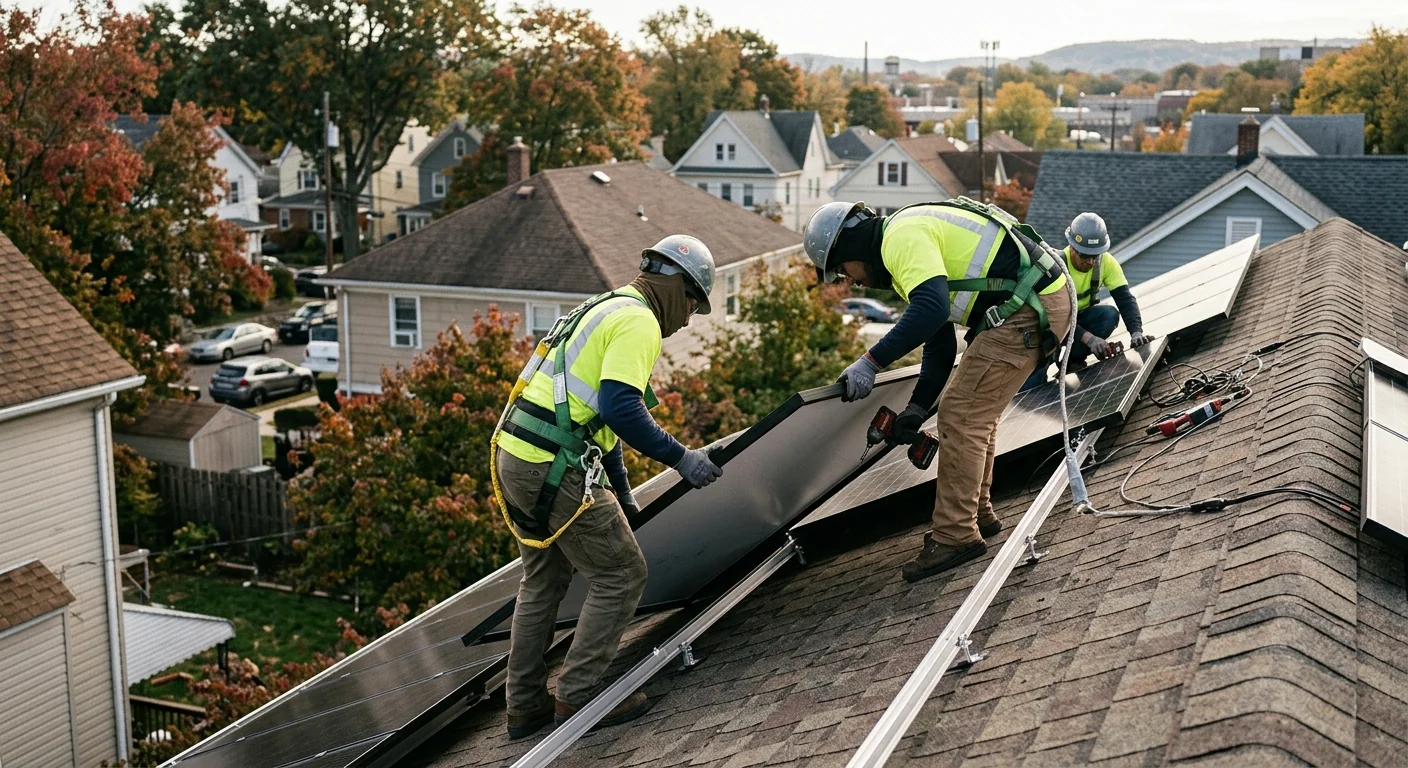 Installers setting solar panels into rooftop racking on a residential job