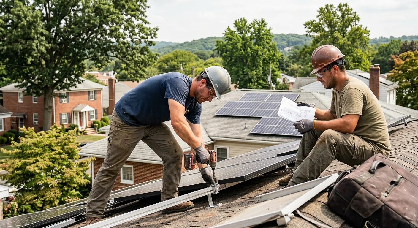 Solar crew mounting panels on a steep Clifton home roof in winter