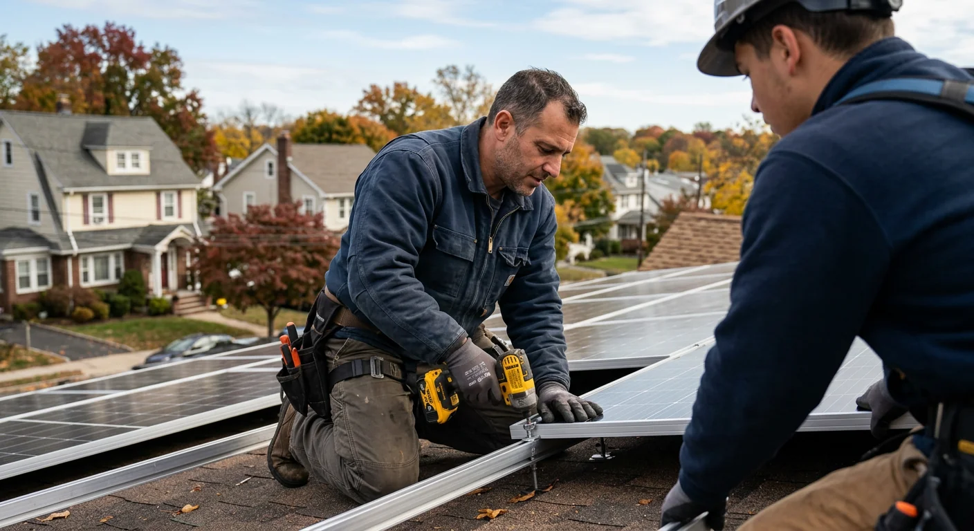 Technician reviewing solar battery cost estimate at a Clifton home garage