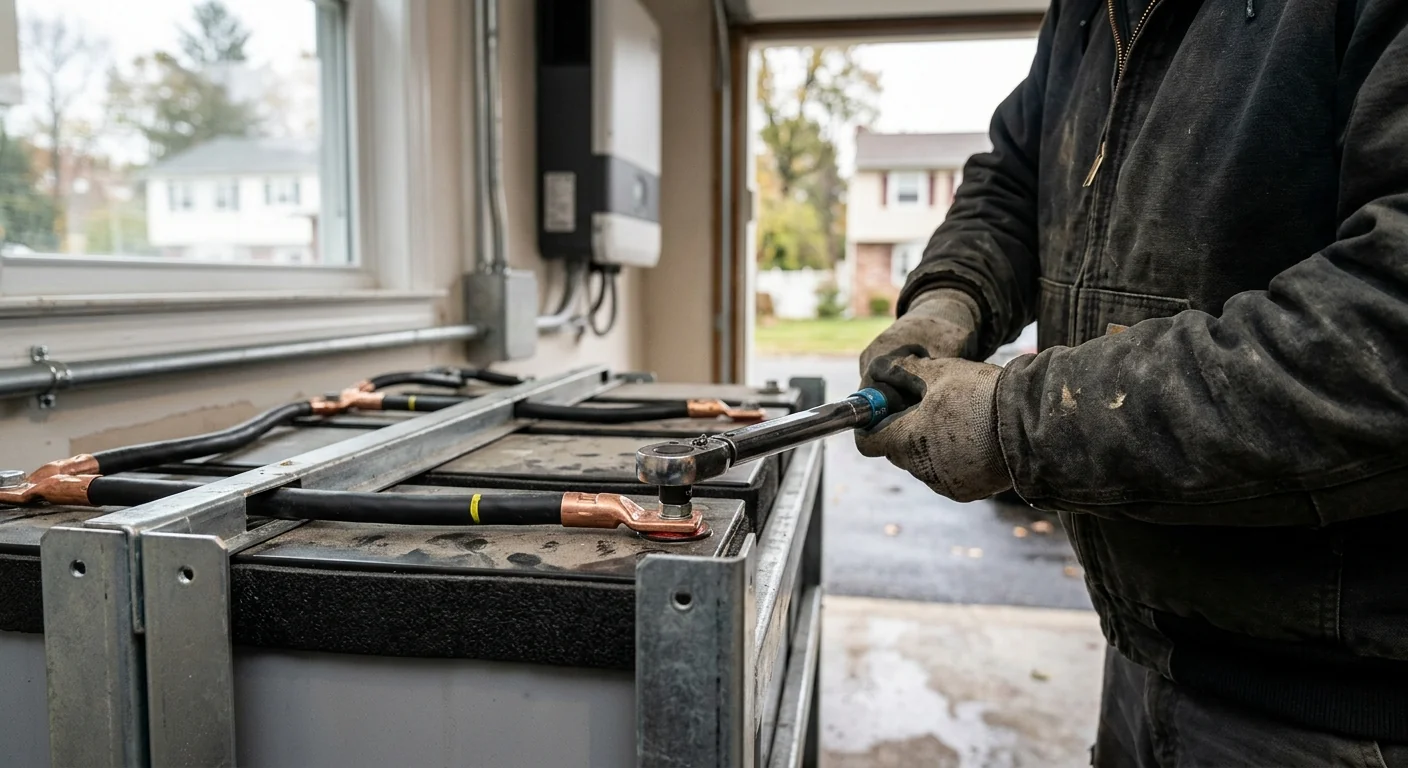 Close-up of torqued battery terminal connections during a Clifton solar storage install