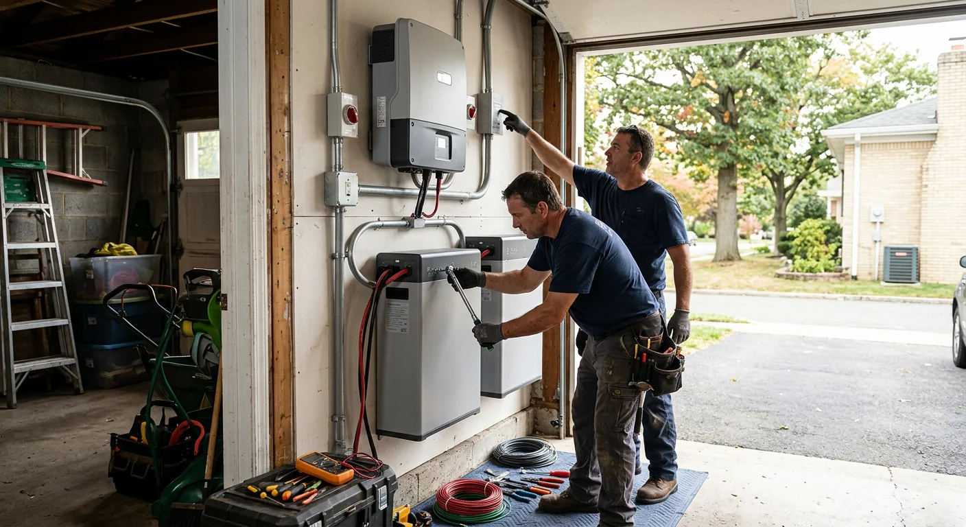 Wide view of garage wall battery and inverter setup at a Clifton home