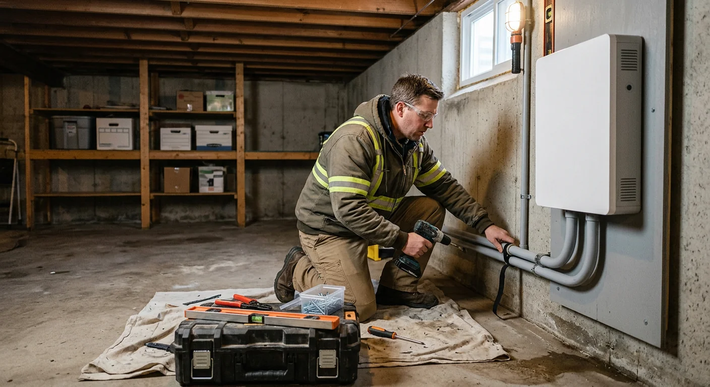 Installer running conduit for solar battery wiring inside a Clifton basement