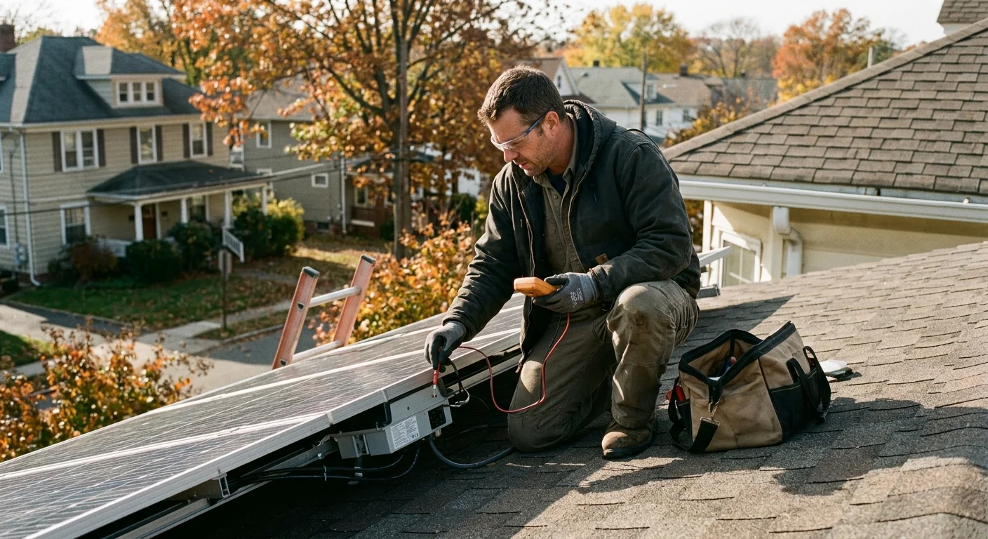 Technician wiring a solar battery storage cabinet inside a Clifton home utility room
