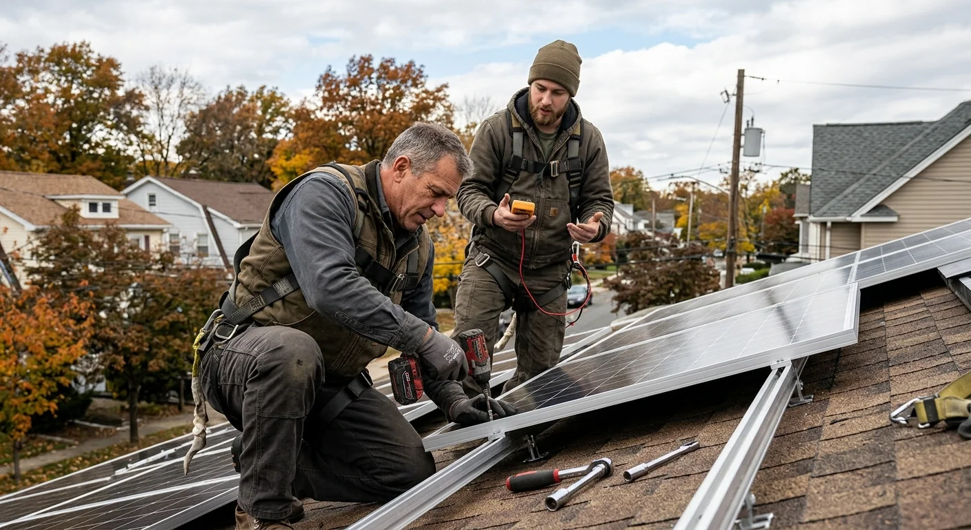 Technician checking solar inverter wiring on a Clifton home exterior wall