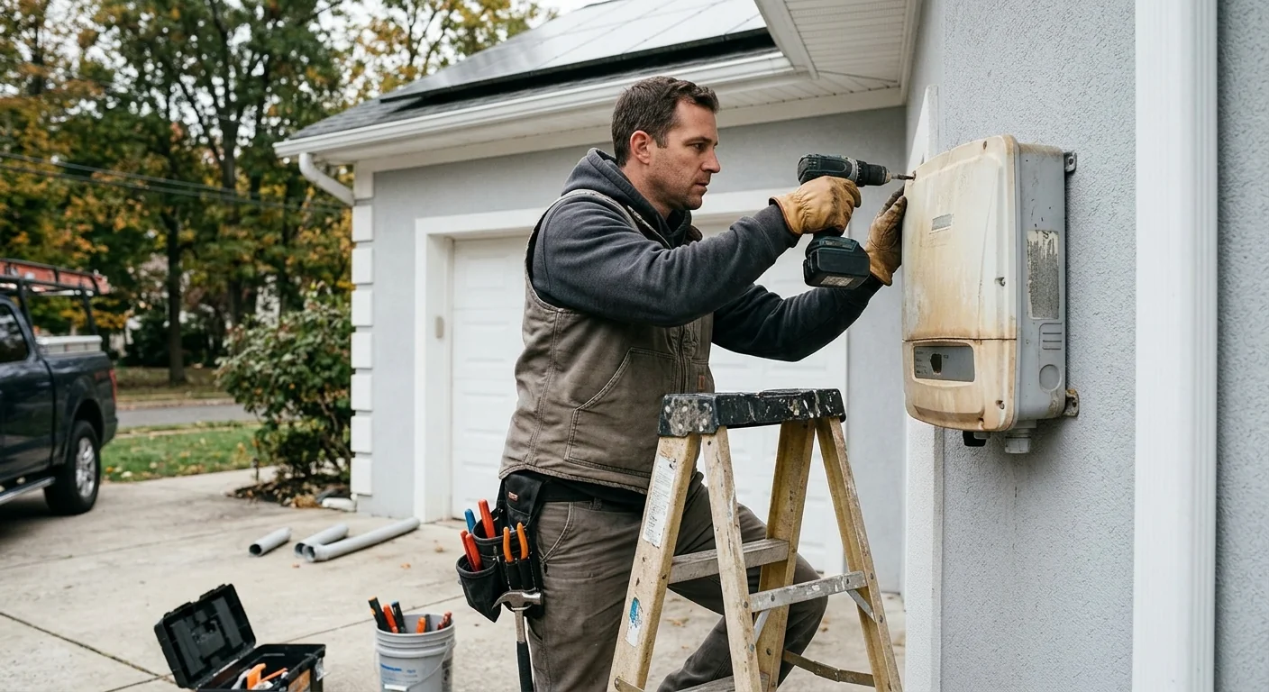 Technician removing a weather-damaged inverter from a residential garage wall