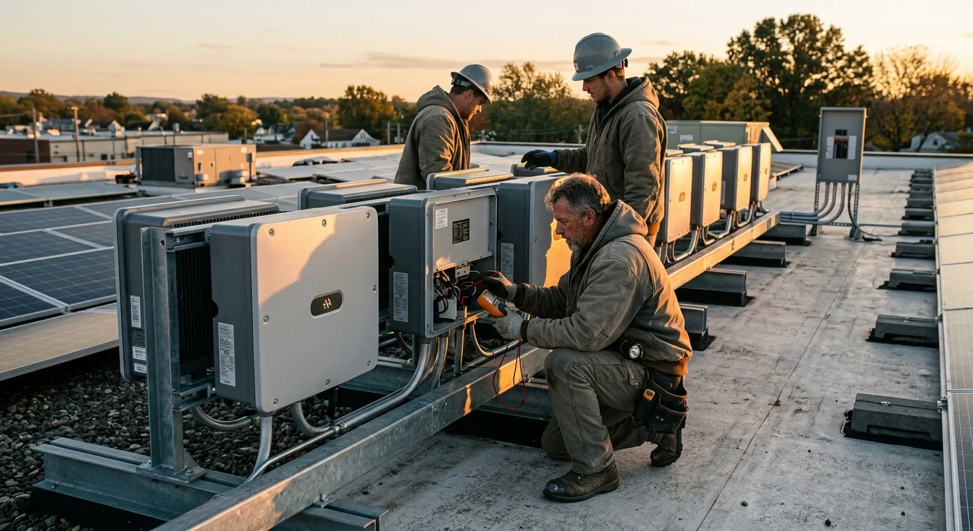 Row of commercial solar inverters mounted on a flat roof at sunset