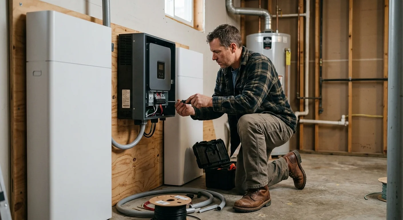 Hybrid solar inverter installed beside battery storage in a home utility room