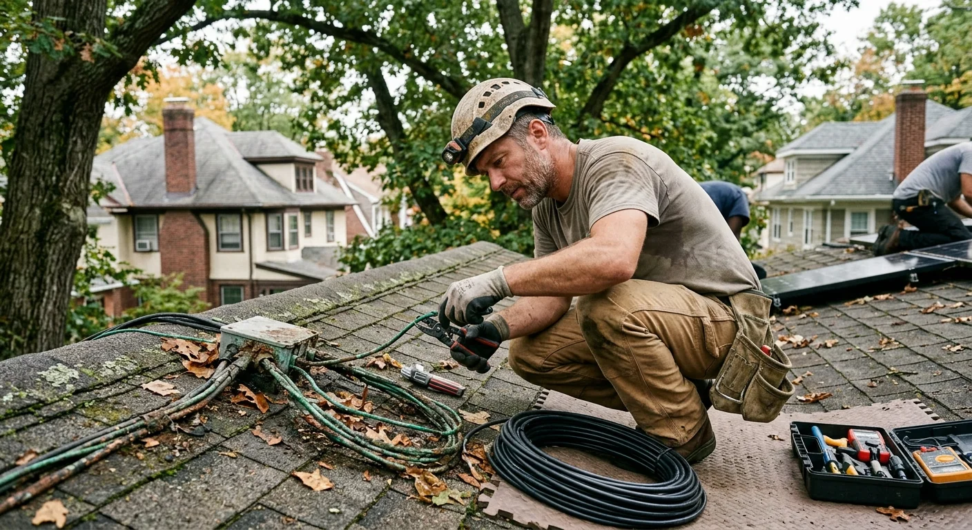 Before context of corroded solar wiring under heavy tree cover on a roof