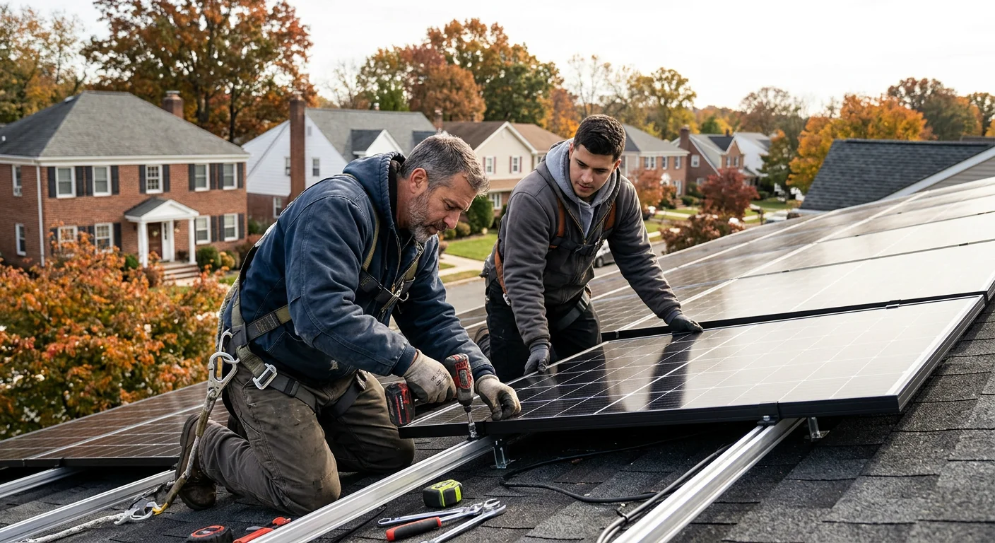Technician mounting a solar inverter on a shaded exterior wall in Clifton