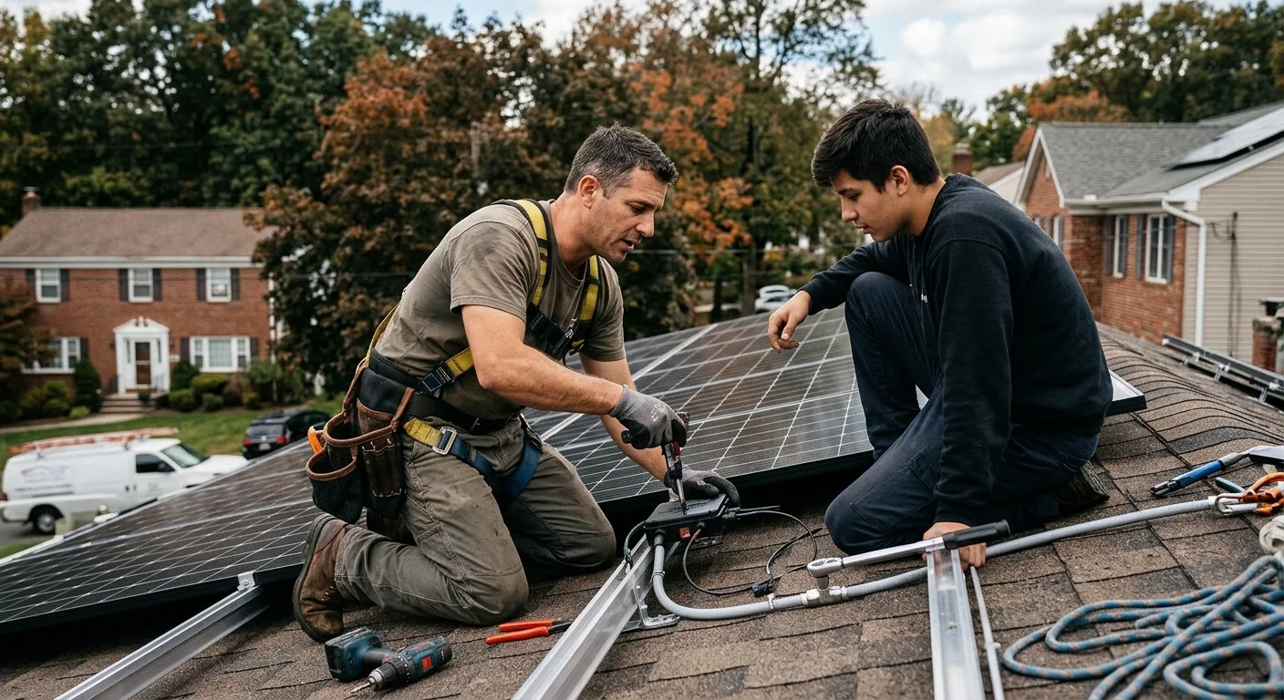 Installer reviewing monitoring and maintenance schedule with a homeowner after solar install