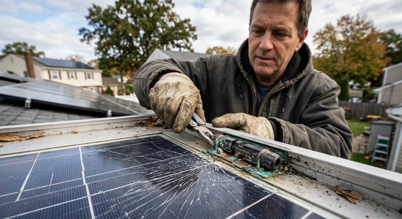 Close-up of cracked solar cell and corroded panel connector