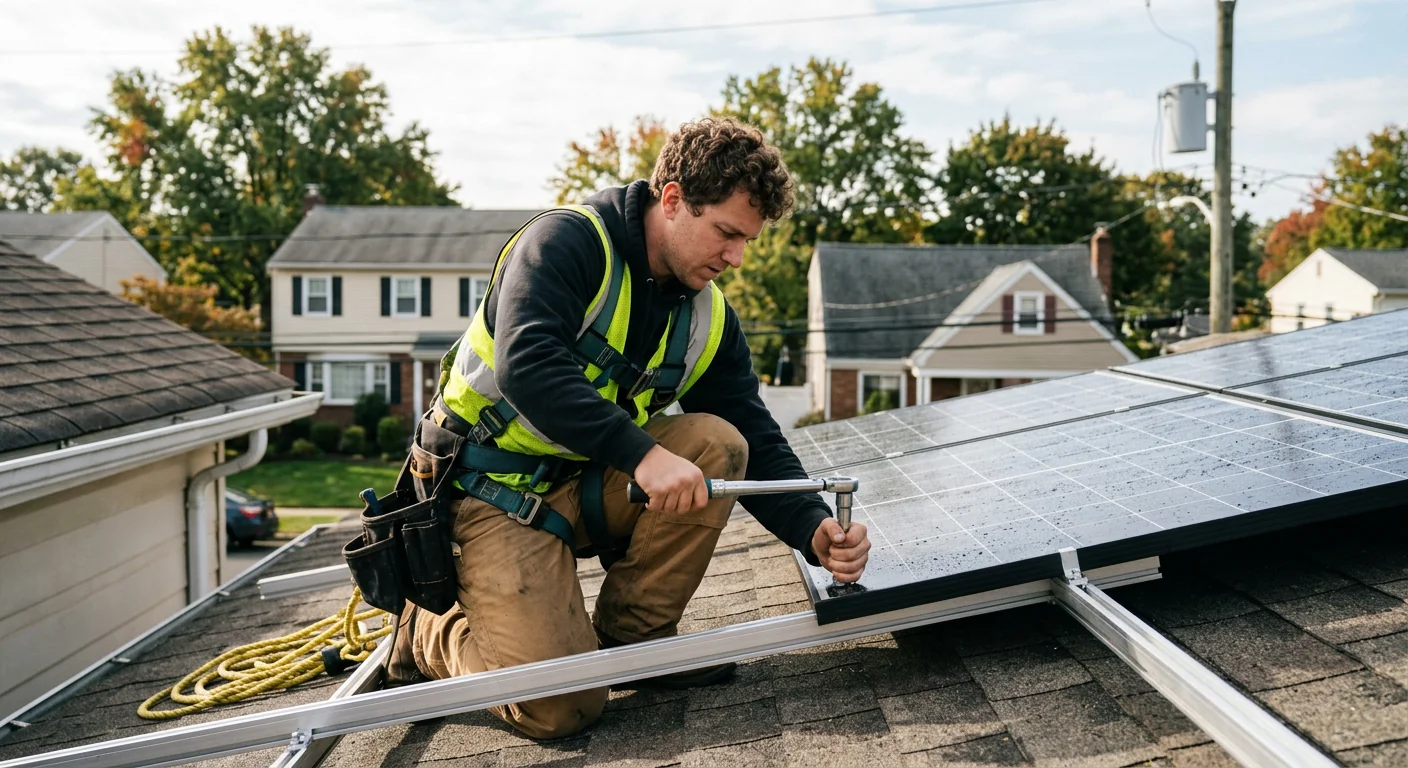 Technician in harness torque-checking racking bolts on a Clifton residential rooftop solar array