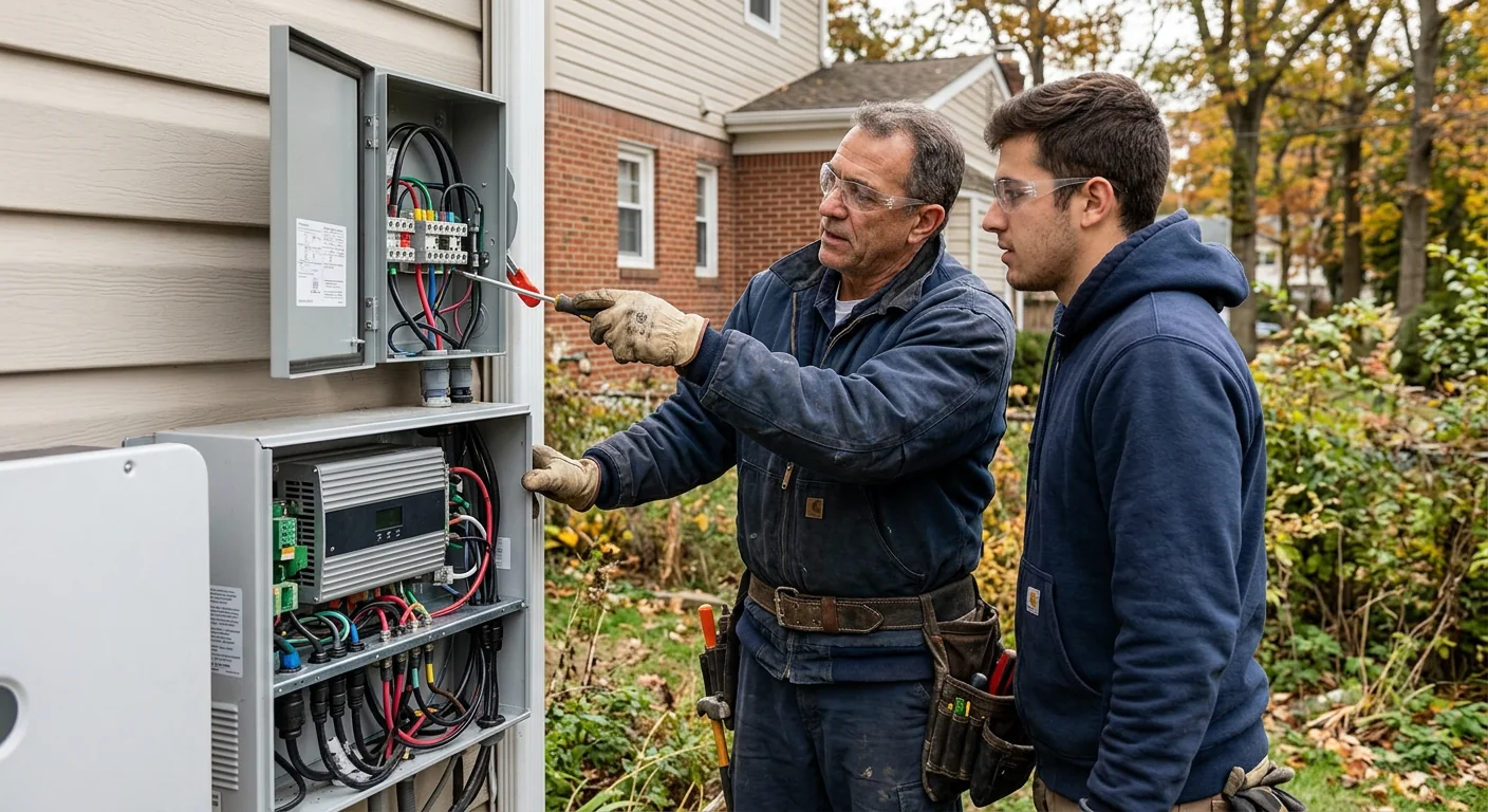 Crew inspecting DC disconnect wiring and inverter connections against current electrical code