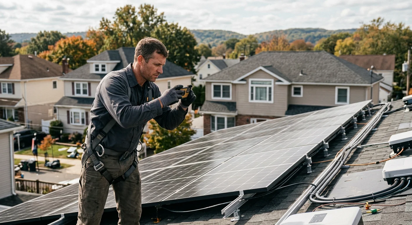 Installer documenting panel layout with photos during a rooftop safety walkthrough