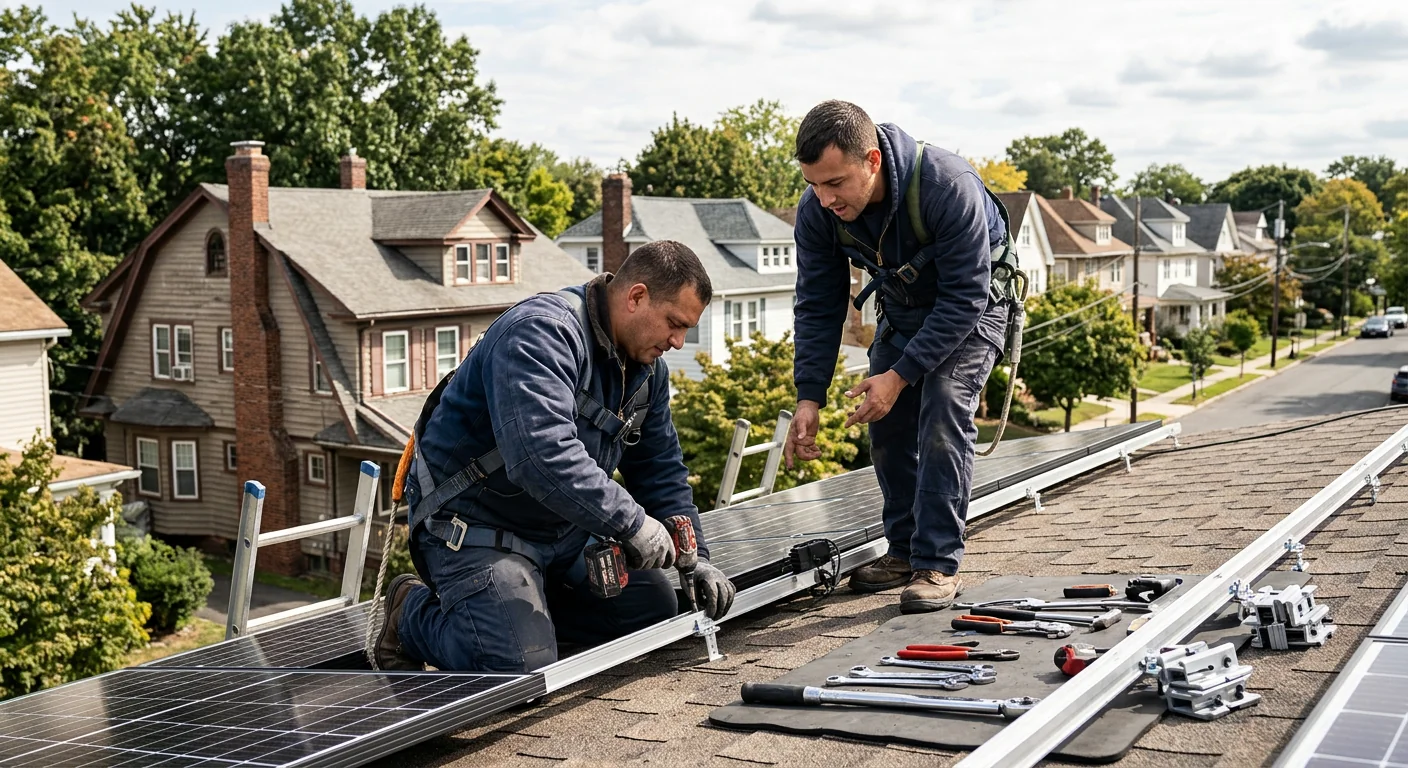 Solar installer securing rooftop panel racking on a Clifton home during winter