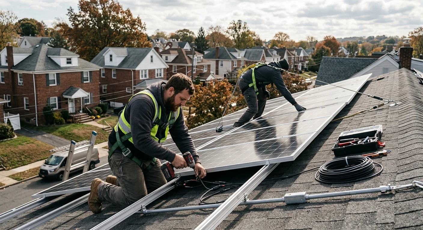 Technician checking solar inverter readings during a rooftop repair in Clifton