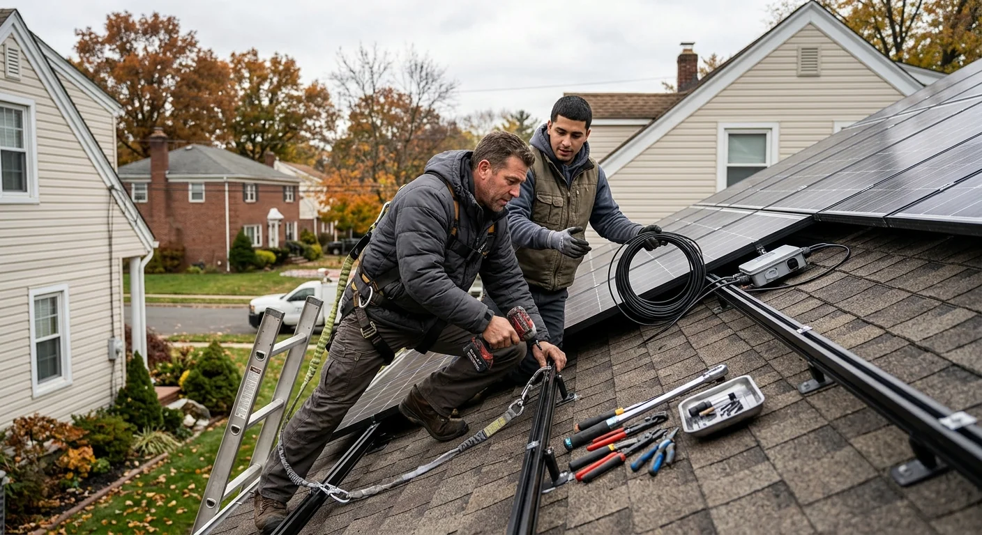 Solar technician inspecting rooftop panels for repair in Clifton