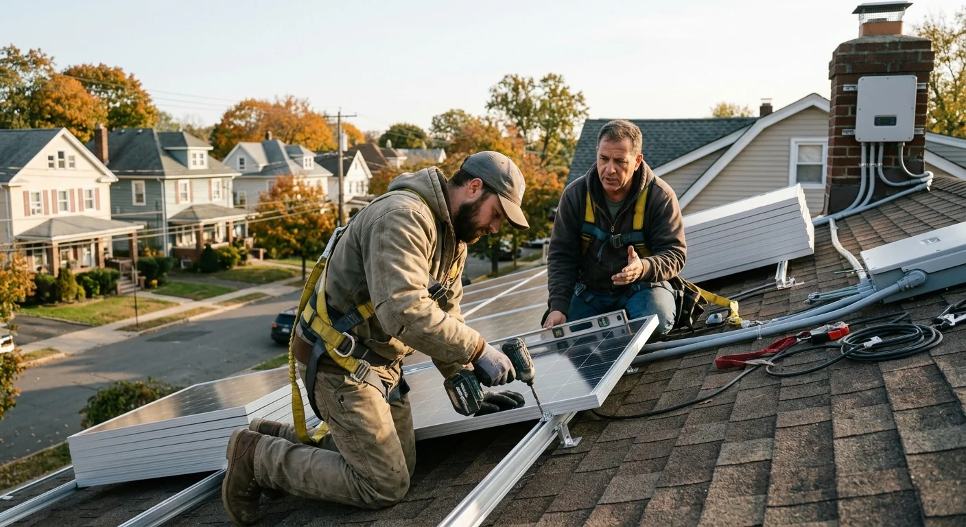 Technician inspecting rooftop solar panels and inverter during maintenance on a Clifton home