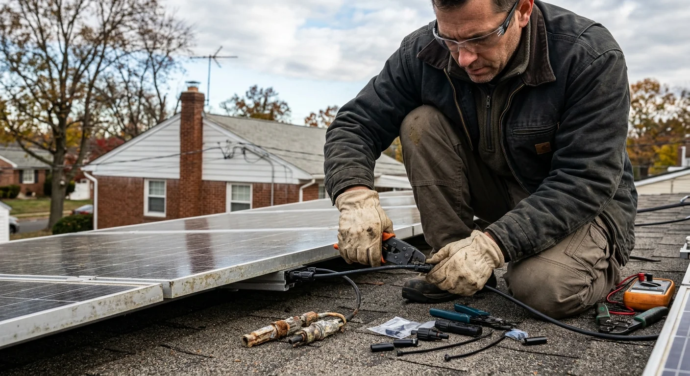 Close-up of corroded MC4 connectors being replaced on a Clifton rooftop array