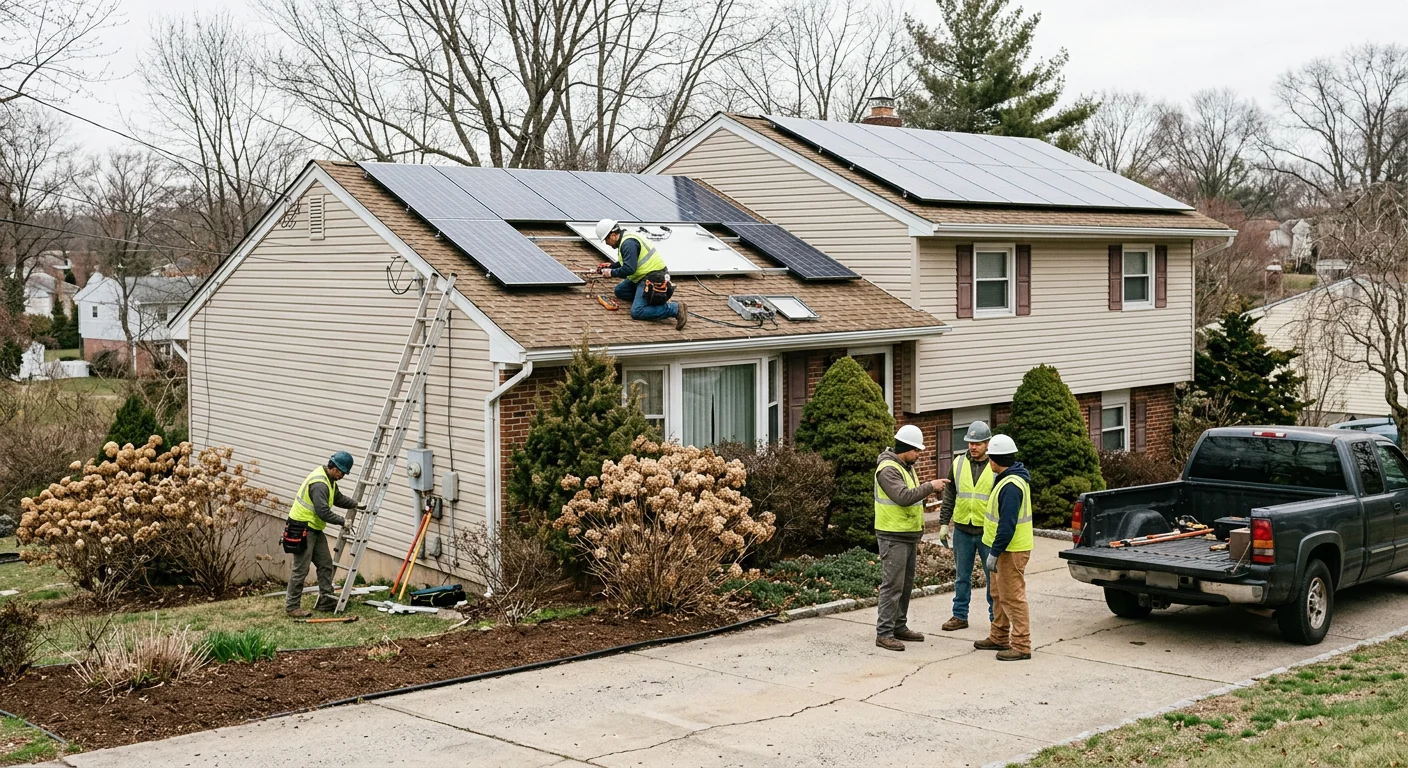Wide shot of a split-level Clifton home with roof-mounted solar panels under repair