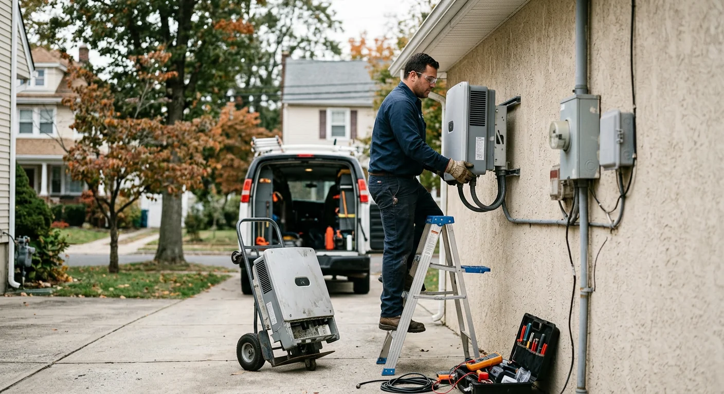Technician swapping a failed string inverter mounted on an exterior garage wall