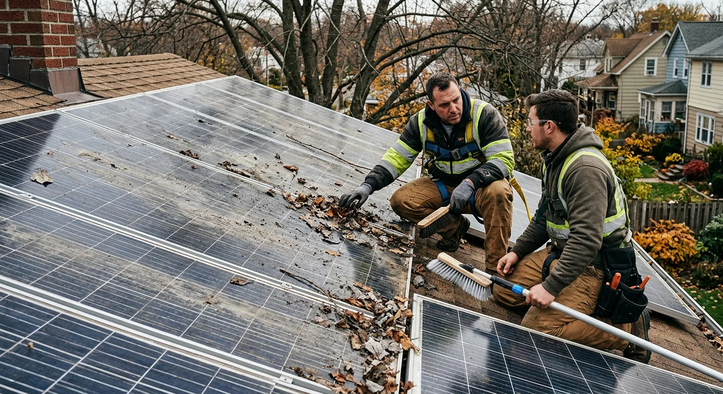 Soiled solar panels with leaf debris before seasonal cleaning on a Clifton roof