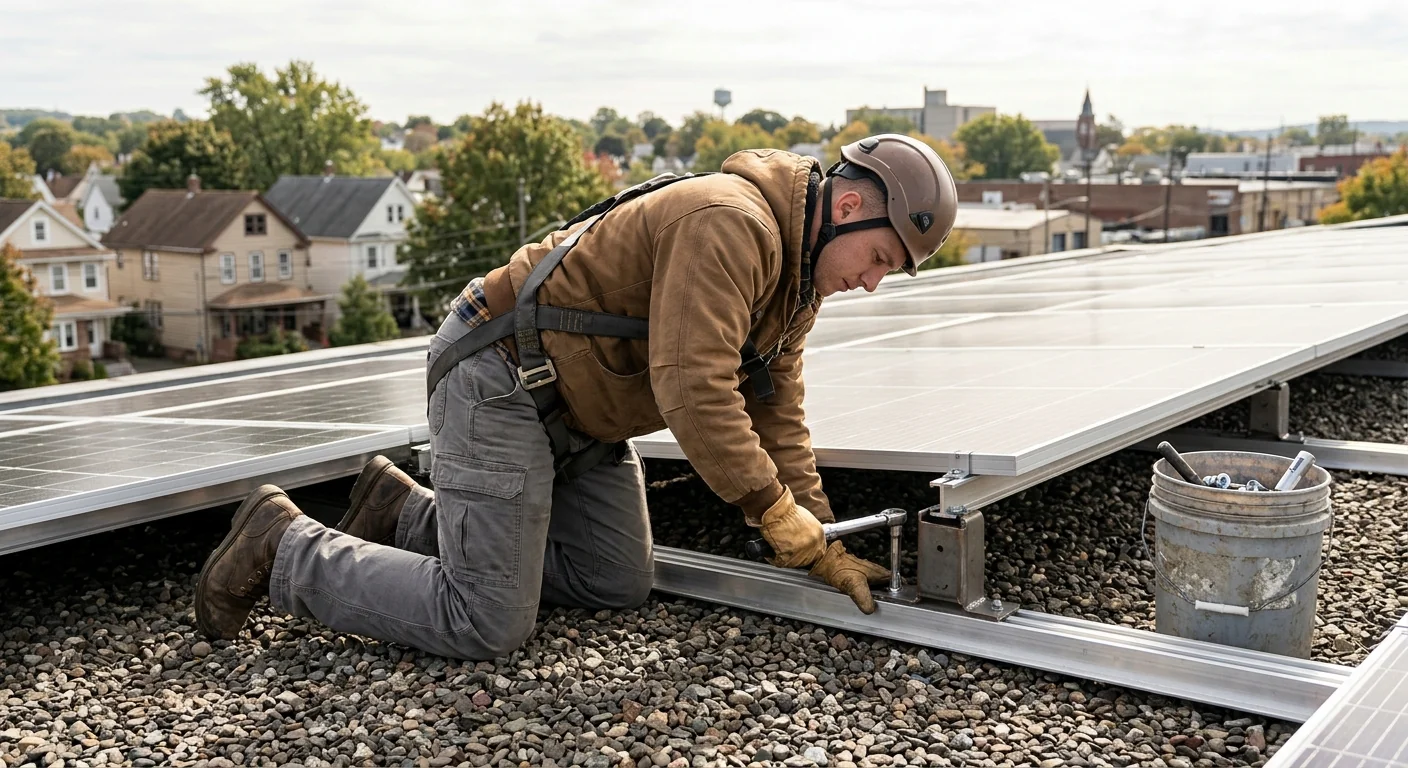Worker retorquing rail hardware and mounting brackets on a flat commercial roof