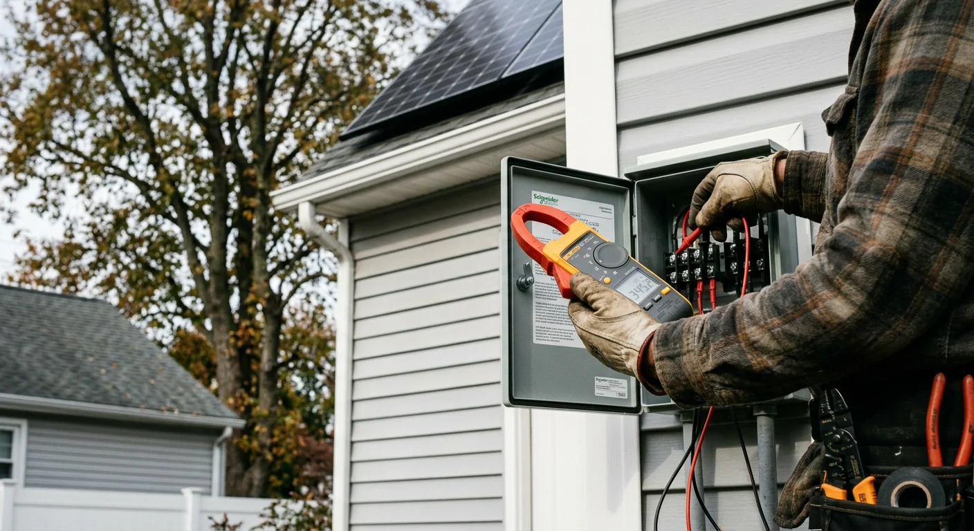 Hands checking string voltage readings with a meter at the combiner box