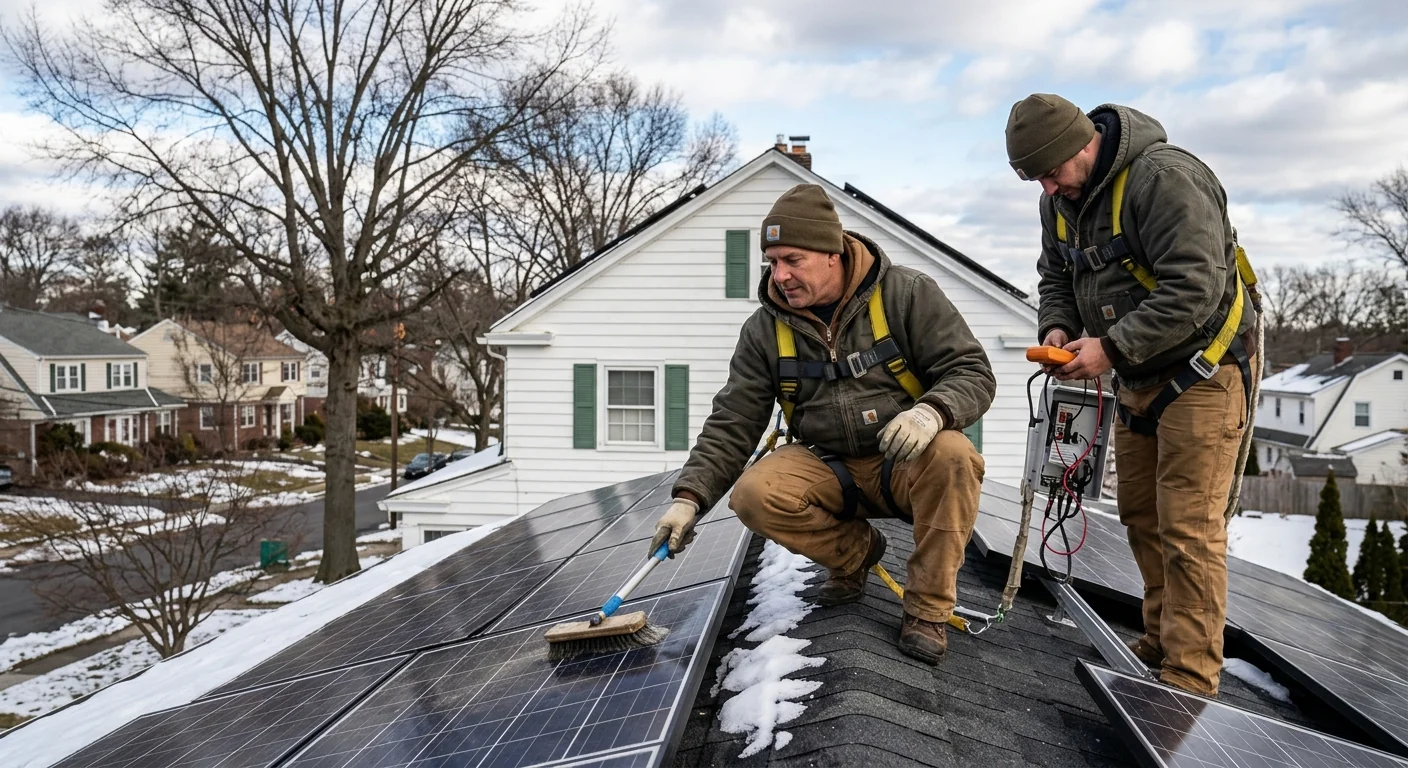 Crew performing rooftop solar maintenance on an older colonial home in winter