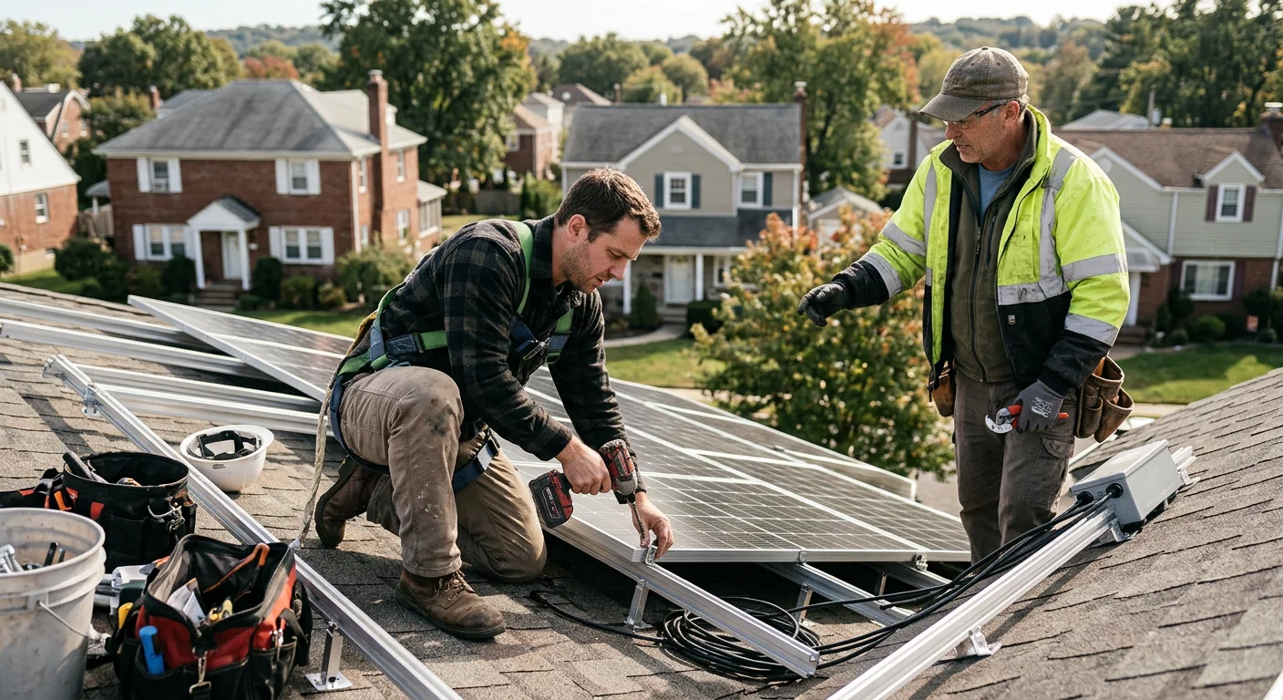 Technician inspecting rooftop solar array wiring during maintenance service in Clifton